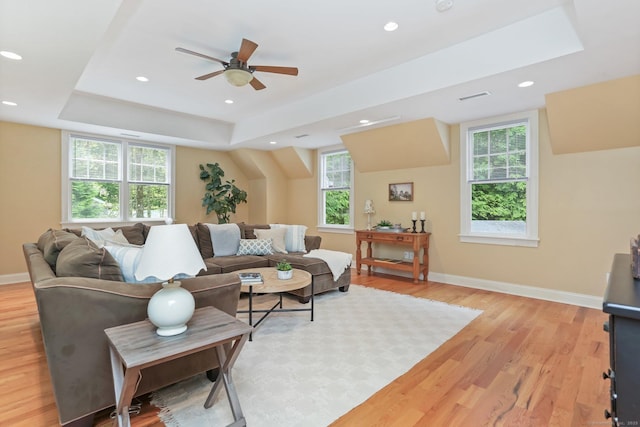 110 Florence Ln, Fairfield, CT 06824 - living area featuring light wood-style flooring, baseboards, a raised ceiling, a ceiling fan, and recessed lighting