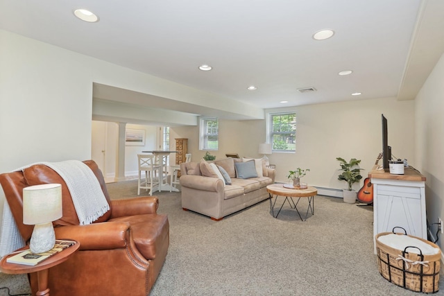 110 Florence Ln, Fairfield, CT 06824 - living area with recessed lighting, carpet floors, a baseboard radiator, and baseboards