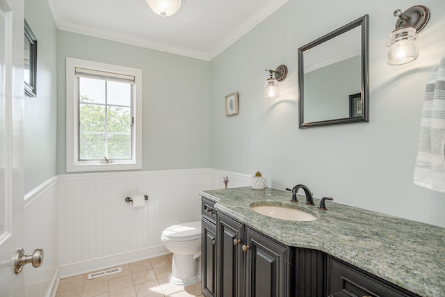 101 Railtree Hill Rd, Woodbury, CT 06798 - bathroom with toilet, vanity, a wainscoted wall, tile patterned flooring, and crown molding