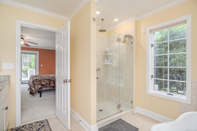 101 Railtree Hill Rd, Woodbury, CT 06798 - full bath featuring a shower stall, ornamental molding, tile patterned flooring, ensuite bath, and recessed lighting