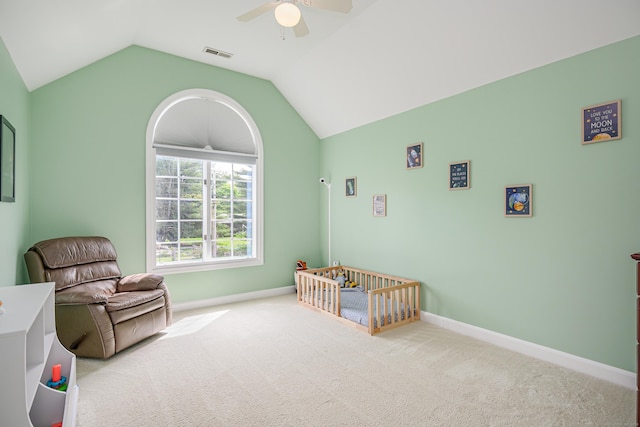 101 Railtree Hill Rd, Woodbury, CT 06798 - bedroom featuring lofted ceiling, carpet floors, baseboards, a nursery area, and ceiling fan