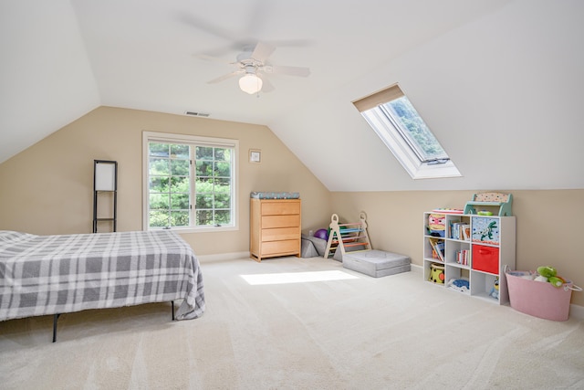 101 Railtree Hill Rd, Woodbury, CT 06798 - bedroom with vaulted ceiling, a skylight, carpet, a ceiling fan, and baseboards