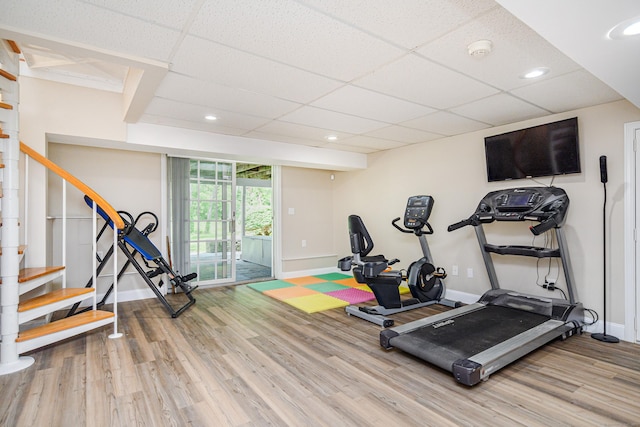 101 Railtree Hill Rd, Woodbury, CT 06798 - workout area featuring wood finished floors, baseboards, recessed lighting, and a drop ceiling