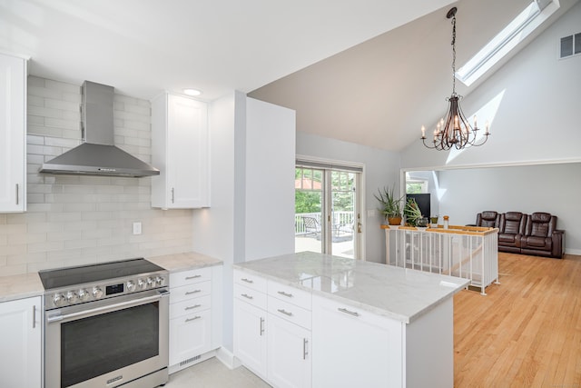 101 Railtree Hill Rd, Woodbury, CT 06798 - kitchen with electric stove, wall chimney range hood, a peninsula, white cabinets, and backsplash