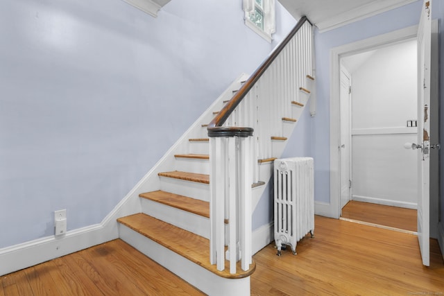 1897 Stanley St, New Britain, CT 06053 - staircase with radiator, wood finished floors, baseboards, and ornamental molding