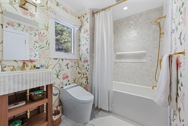 123 Harbor Dr Apt 403, Stamford, CT 06902 - bathroom with shower / bath combo with shower curtain, wallpapered walls, and toilet