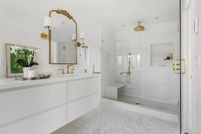 123 Harbor Dr Apt 403, Stamford, CT 06902 - bathroom with a shower stall, vanity, and tile patterned flooring