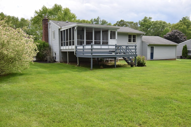 15 Valley Brook Rd, Branford, CT 06405 - rear view of house with a sunroom, a chimney, a yard, a shingled roof, and a deck
