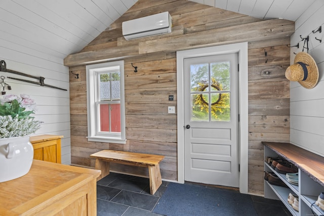 131 Elm St, Guilford, CT 06437 - mudroom featuring a wall mounted air conditioner, lofted ceiling, wood walls, and wood ceiling