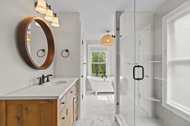 131 Elm St, Guilford, CT 06437 - full bathroom featuring vanity, a shower stall, a freestanding bath, and tile patterned flooring
