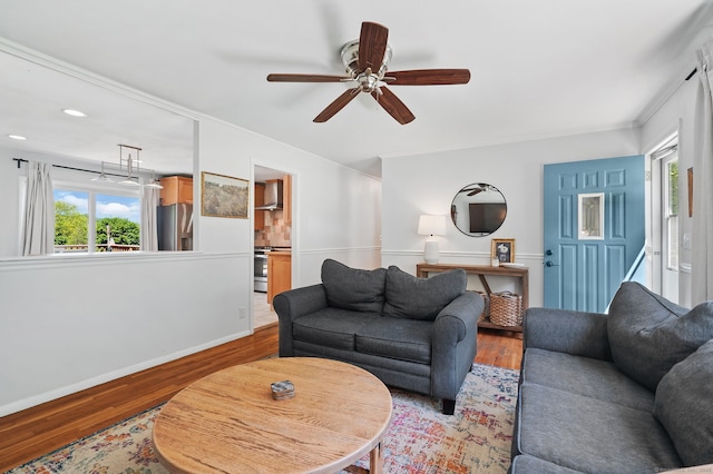 9 Waterhorse Brook Dr, Bethel, CT 06801 - living area featuring light wood finished floors, a ceiling fan, ornamental molding, recessed lighting, and baseboards