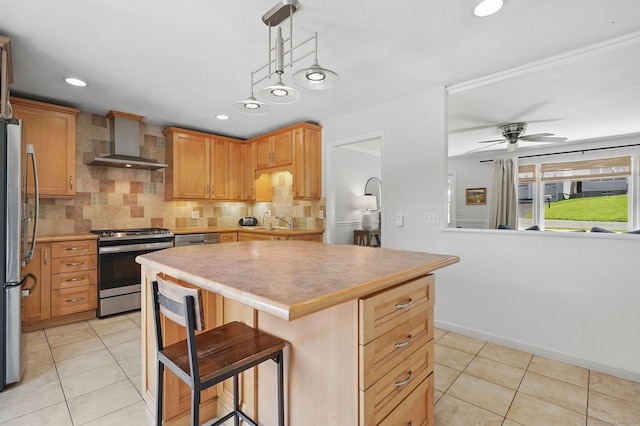 9 Waterhorse Brook Dr, Bethel, CT 06801 - kitchen with wall chimney exhaust hood, stainless steel appliances, a sink, light tile patterned flooring, and decorative backsplash