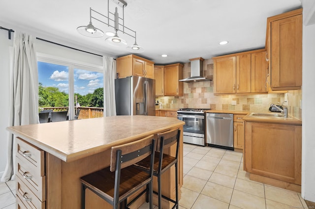 9 Waterhorse Brook Dr, Bethel, CT 06801 - kitchen featuring stainless steel appliances, wall chimney range hood, a sink, light countertops, and decorative backsplash