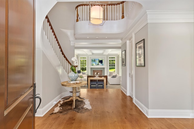 80 Compo Rd N, Westport, CT 06880 - entryway featuring stairway, wood finished floors, baseboards, coffered ceiling, and beamed ceiling