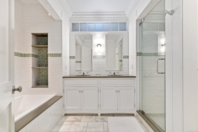 80 Compo Rd N, Westport, CT 06880 - full bath featuring a shower stall, double vanity, ornamental molding, tiled bath, and marble look tiles