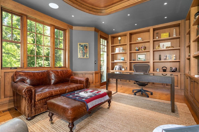 80 Compo Rd N, Westport, CT 06880 - home office with built in shelves, a wainscoted wall, light wood-style flooring, and recessed lighting