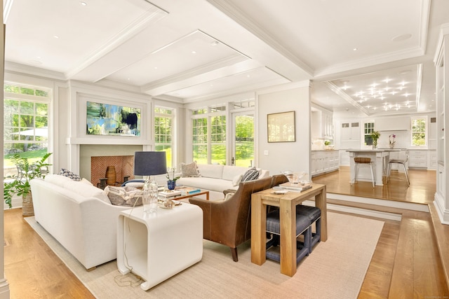80 Compo Rd N, Westport, CT 06880 - living area with crown molding, beamed ceiling, light wood-style floors, coffered ceiling, and a fireplace