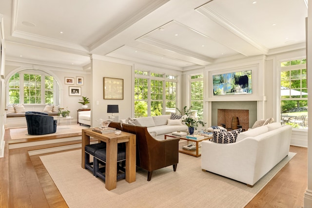 80 Compo Rd N, Westport, CT 06880 - living room with light wood finished floors, beam ceiling, ornamental molding, and a fireplace