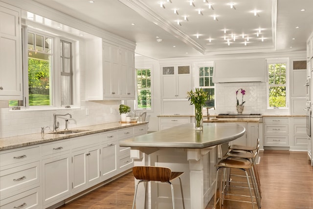 80 Compo Rd N, Westport, CT 06880 - kitchen featuring tasteful backsplash, a sink, white cabinets, a kitchen bar, and wood finished floors