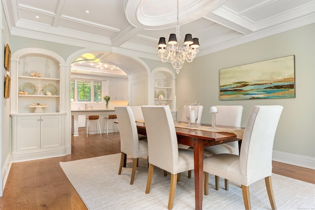 80 Compo Rd N, Westport, CT 06880 - dining space with a chandelier, coffered ceiling, ornamental molding, wood finished floors, and beam ceiling