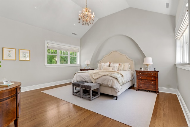 80 Compo Rd N, Westport, CT 06880 - bedroom featuring wood finished floors, vaulted ceiling, a chandelier, and baseboards