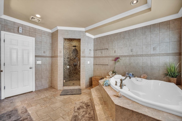 70 Birchwood Dr, Middletown, CT 06457 - full bathroom with tile walls, a garden tub, ornamental molding, and a tile shower