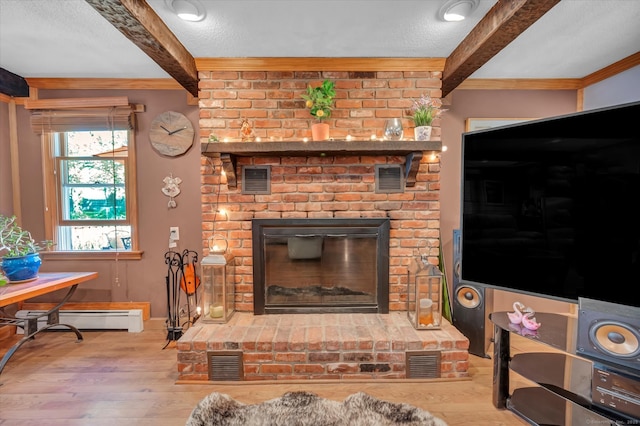70 Birchwood Dr, Middletown, CT 06457 - living room featuring beam ceiling, a baseboard heating unit, wood finished floors, ornamental molding, and a brick fireplace