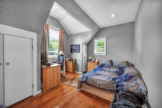 70 Birchwood Dr, Middletown, CT 06457 - bedroom featuring light wood finished floors, multiple windows, lofted ceiling, recessed lighting, and baseboards