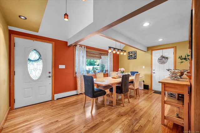 70 Birchwood Dr, Middletown, CT 06457 - dining space with baseboard heating, light wood-style floors, baseboards, and recessed lighting