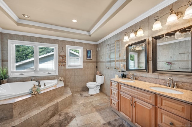 70 Birchwood Dr, Middletown, CT 06457 - full bathroom featuring a garden tub, double vanity, tile walls, toilet, and a tray ceiling