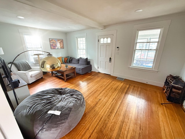 124 Richards St, West Haven, CT 06516 - living area featuring light wood finished floors, baseboards, beamed ceiling, and recessed lighting