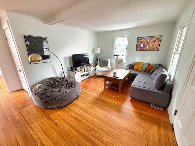 124 Richards St, West Haven, CT 06516 - living room featuring ornamental molding, light wood-style flooring, and beamed ceiling