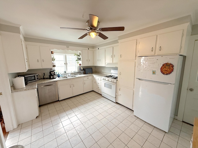 124 Richards St, West Haven, CT 06516 - kitchen featuring white appliances, a sink, light countertops, light tile patterned floors, and ornamental molding