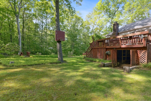 49 Longwood Dr, East Haddam, CT 06415 - view of grassy yard with stairway and a deck