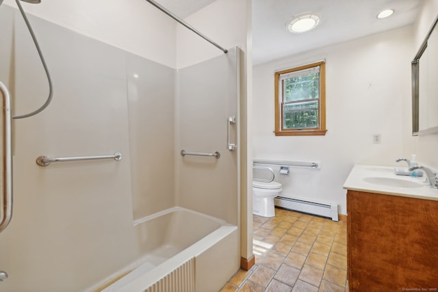 49 Longwood Dr, East Haddam, CT 06415 - full bathroom featuring a baseboard heating unit, toilet, vanity,  shower combination, and baseboards