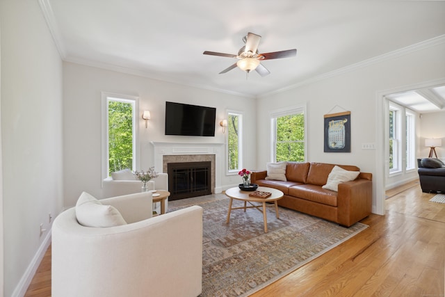 35 Bart Dr, Canton, CT 06019 - living area featuring plenty of natural light, wood finished floors, a fireplace with flush hearth, and ornamental molding