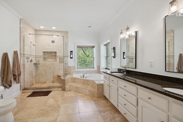 35 Bart Dr, Canton, CT 06019 - bathroom featuring a bath, double vanity, a shower stall, crown molding, and toilet