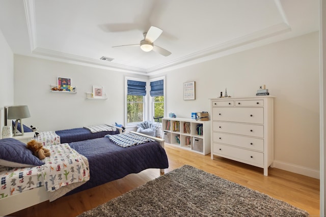 35 Bart Dr, Canton, CT 06019 - bedroom with a raised ceiling, light wood finished floors, crown molding, a ceiling fan, and baseboards
