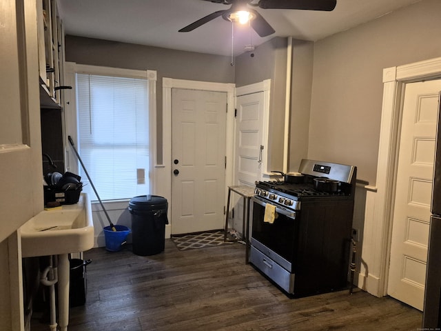 80 N St, Windham, CT 06226 - kitchen with stainless steel range with gas stovetop, a ceiling fan, dark wood finished floors, and light countertops