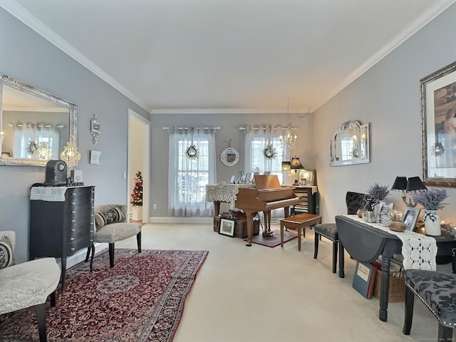 16 Trevor Ln, East Granby, CT 06026 - living room featuring ornamental molding, light carpet, a chandelier, and baseboards
