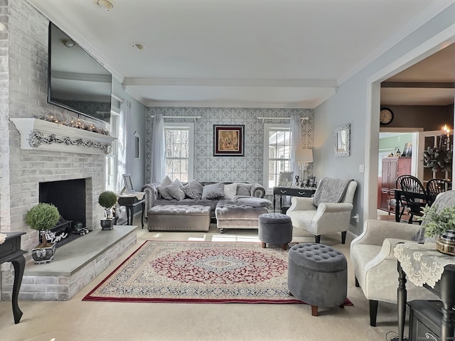 16 Trevor Ln, East Granby, CT 06026 - carpeted living area featuring ornamental molding, wallpapered walls, and a brick fireplace