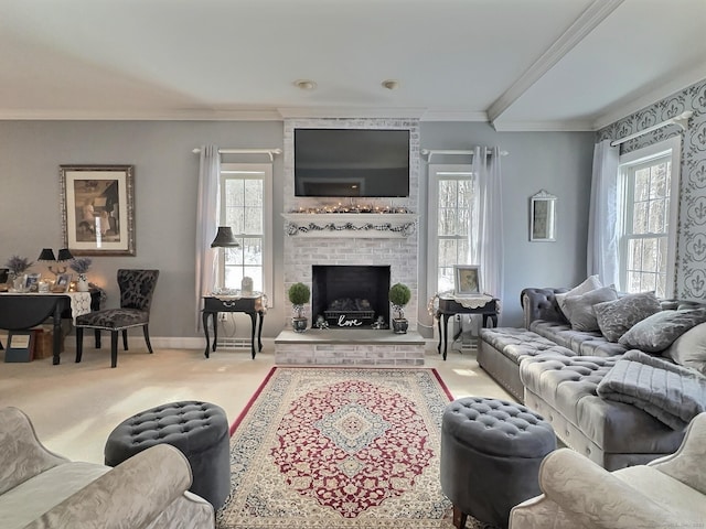 16 Trevor Ln, East Granby, CT 06026 - carpeted living room featuring crown molding, plenty of natural light, a fireplace, and baseboards