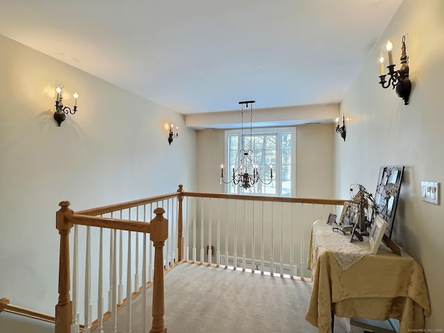 16 Trevor Ln, East Granby, CT 06026 - corridor featuring a chandelier, carpet, and an upstairs landing