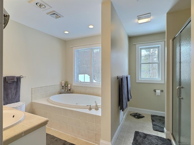 16 Trevor Ln, East Granby, CT 06026 - bathroom featuring a whirlpool tub, a shower stall, vanity, and tile patterned flooring