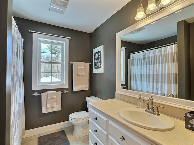 16 Trevor Ln, East Granby, CT 06026 - bathroom with toilet, vanity, tile patterned flooring, baseboards, and a shower with shower curtain