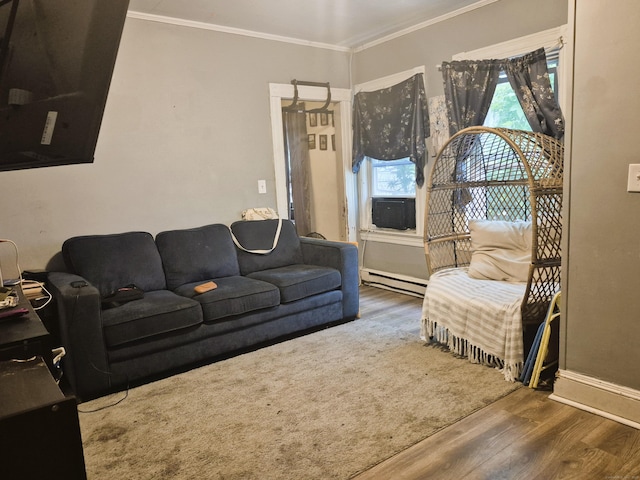 96 S St, Windham, CT 06226 - living room with a baseboard radiator, wood finished floors, ornamental molding, baseboards, and cooling unit