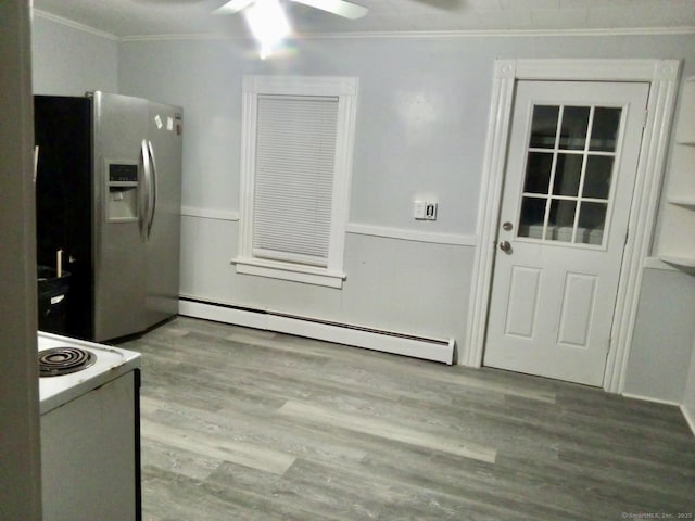100 Roosevelt Ave, Torrington, CT 06790 - kitchen with stainless steel fridge with ice dispenser, white range with electric cooktop, crown molding, a baseboard heating unit, and ceiling fan
