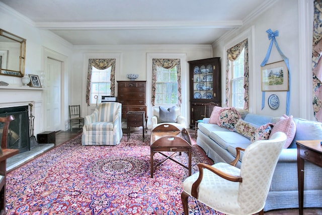 587 Carter St, New Canaan, CT 06840 - living room featuring crown molding, a fireplace with raised hearth, and beamed ceiling