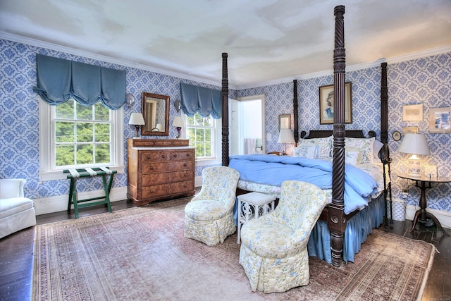 587 Carter St, New Canaan, CT 06840 - bedroom featuring ornamental molding, multiple windows, wood finished floors, wallpapered walls, and baseboards