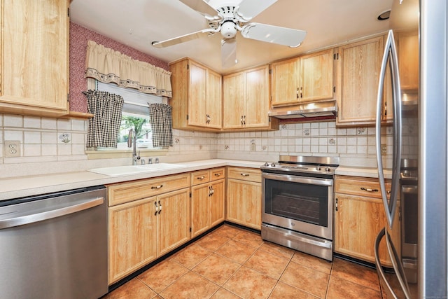 70 Cold Spring Cir, Naugatuck, CT 06770 - kitchen with appliances with stainless steel finishes, a sink, light brown cabinets, and under cabinet range hood